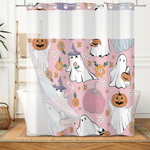 XMJJKUF No Hook Halloween Ghost Pumpkin Farmhouse Shower Curtain with Snap in Liner Set, Cute Pink Fall Halloween Pumpkin Shower Curtains for Bathroom Decor, Machine Washable, Polyester, 71''x74'' at Amazon