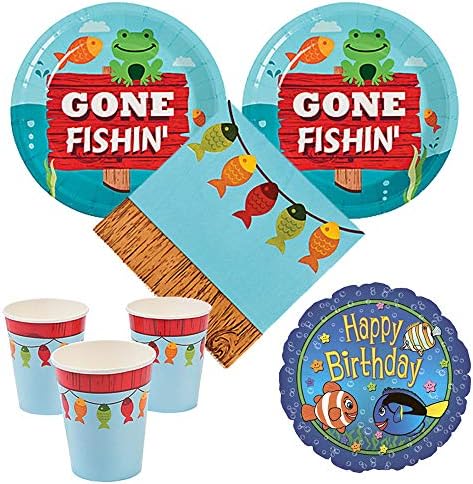03 Little Fisherman Birthday Party Pack, 16 guests - cake plates, napkins, cups, balloon