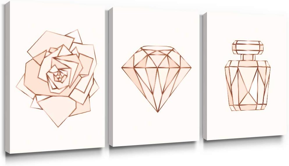 SUMGAR Fashion Wall Art Bedroom Pink Flower Pictures Modern 3 Piece Canvas Paintings Rose Gold Framed Artwork Set Teen Girls Gifts,12x16 inch