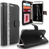 Galaxy S6 Edge Plus Case, Cellularvilla [Diamond Jewel] [Card Slots] Embossed Flower Design Premium PU Leather Wallet Case Flip Cover For Samsung Galaxy S6 Edge Plus / S6 Edge+ (Black Bling)