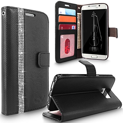 Galaxy S6 Edge Plus Case, Cellularvilla [Diamond Jewel] [Card Slots] Embossed Flower Design Premium PU Leather Wallet Case Flip Cover For Samsung Galaxy S6 Edge Plus / S6 Edge+ (Black Bling)