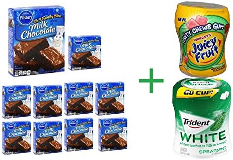 Pillsbury Brownie Mix Milk Chocolate Family Size - 18.4 Oz (Pack of 10) + Fruity Chews Gum Watermelon 1/60 Count + Trident Go Cup Peppermint and Spearmint 1/60 Count(BUNDLE)