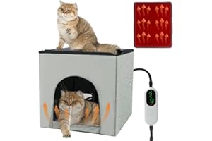 QUEARN Heated Cat House, Heating Cat Houses for Indoor Outdoor Kitty with Heating Pad, Foldable Heated Kitty House Cat Shelter for Your Pet to Stay Warm and Cozy