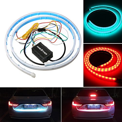 AMBOTHER Car Tailgate Strip Light, Universal LED Brake Reverse Rear Turn Signal Running Flowing Emergency Tail Strip Light Bar with Dual Color Waterproof Flexible Multifunction Driving DC 12V