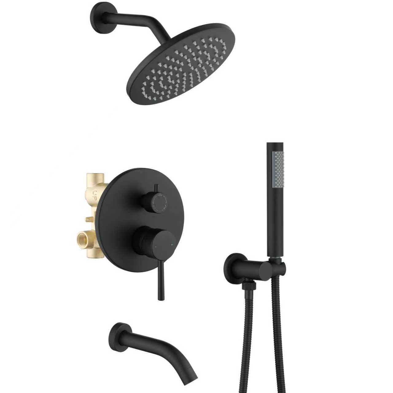 Photo 1 of Shower System with Tub Spout, Black Bathtub Shower Faucet Set, 8" Rain Shower Head and Handheld Spray Combo, Round Shower Head and Handle Set with Tub Spout (Valve Included), Matte Black