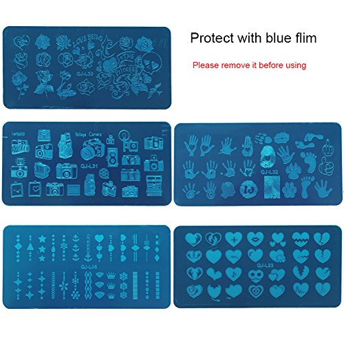 WOKOTO 5 Pieces Nail Art Templates Kit With Stamper And Scraper Palm Rose Heart Shap Design Templates For Nails Manicure Stamping Plates