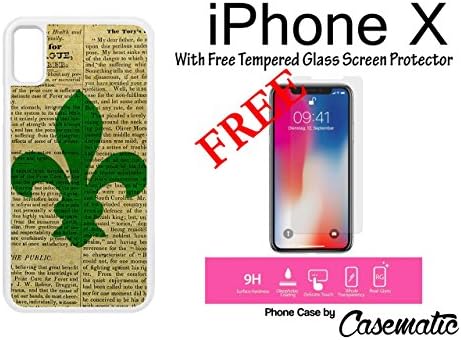 iPhone X Case Vintage Teal Fleur de Lis Newspaper Plastic White Protective Phone Case For Apple iPhone X With Free .33 mm Premium Tempered Glass Screen Protector by Casematic