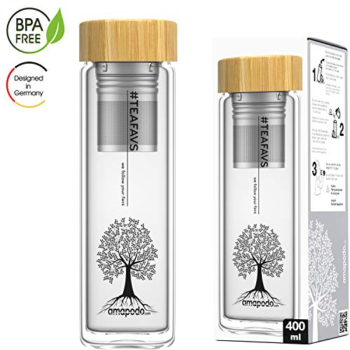 amapodo Teeflasche aus Glas mit Sieb - 400ml Tee Flasche Teekanne to go - Trinkflasche doppelwandig aus Borosilikatglas – Bild 3