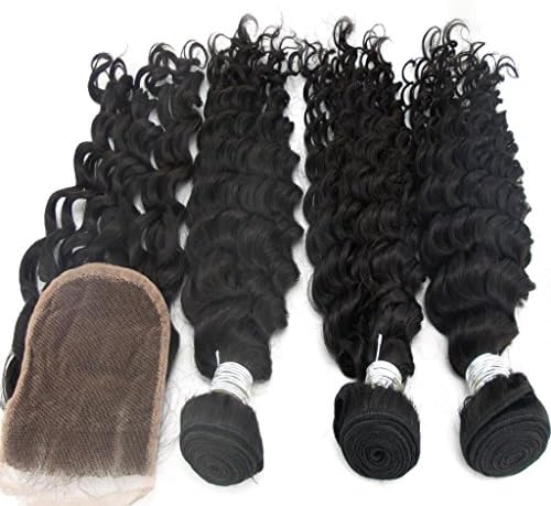 Vedar Beauty Women'S 3 Bundles 18" 20" 22" 300G + 1 Lace Closure 100% Indian Remy Human Hair Weft Real Virgin Indian Hair Extensions Deep Wave Curly