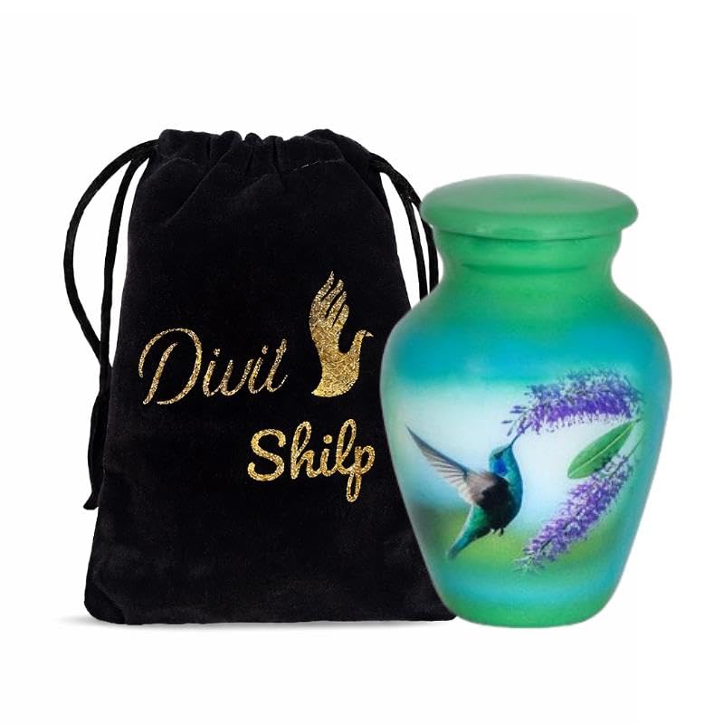 Divit Shilp Small Keepsake Cremation Urn with Velvet Case | Choose from Unique Colors | Lovely Sharing Mini Metal Token for Human Ashes or Pet. (Keepsake, Hummingbird Green)