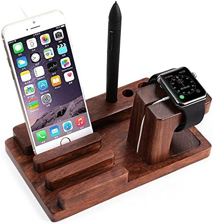 Universal desktop stand wooden Charge Dock Holder for iWatch and Docking Station Cradle Bracket for iPod, iPhone 7 8 plus x, iPad and Smartphones and Tablets, Dark Brown