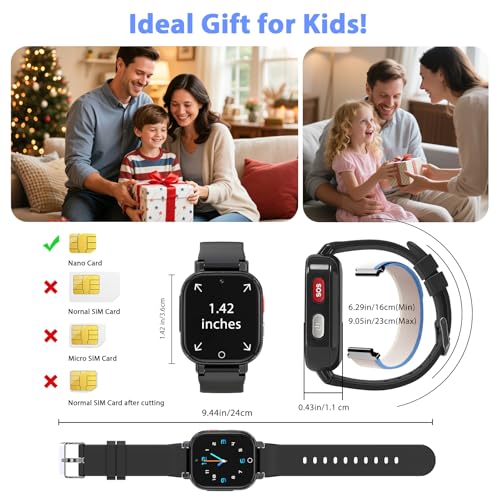 4G Children's Smartwatch with Video Call, GPS, SOS, Voice Chat, IP68 Waterproof, School Mode, Pedometer, Alarm Clock, Educational Games, Children's Watch Gift for Boys and Girls 4-12 Years (Black-8A)