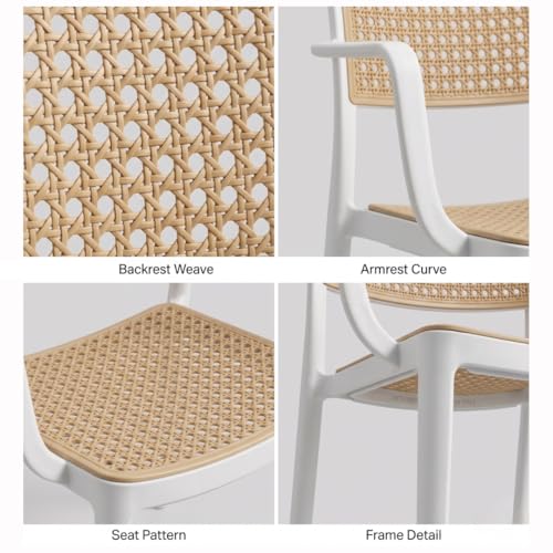 MARCOLO Rattan Chair with Arms, Outdoor Plastic Dining Chair, Weather & UV Resistant Patio Armchair for Balcony, Garden, Kitchen & Indoor Outdoor Use, White, 41x56x82cm