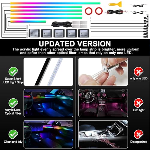 Acrylic Interior Lighting for Car, LED Strip, RGB 18 in 1 with 175 Inch 593 LEDs, Fiber Optic Strip Lights for Car, Dynamic Hunting Music, Sync, Neon Car Ambient Lighting Kits