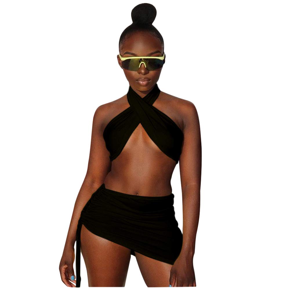 XLLAIS Women's Sexy Halter Neck Tops Side Ruffle Mini Skirts Sets Beachwear