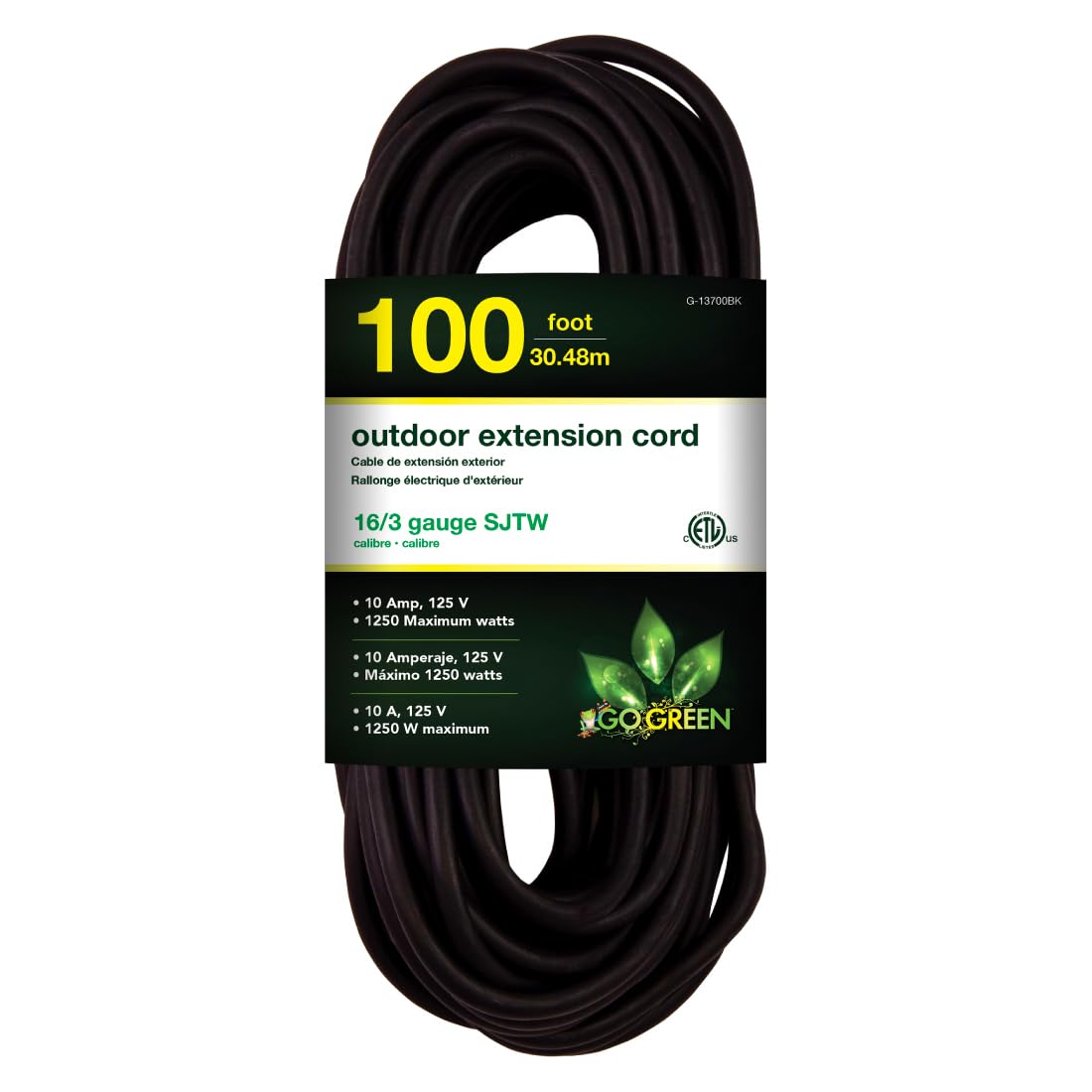 Go Green Power 16/3 100ft Black Outdoor Extension Cord - Heavy Duty, Moisture Resistant, 10 Amps, 1250 Watts - Perfect for Tools & Equipment - G-13700BK Image Go Green Power 16/3 100ft Black Outdoor Extension Cord - Heavy Duty, Moisture Resistant, 10 Amps, 1250 Watts - Perfect for Tools & Equipment - G-13700BK Image
