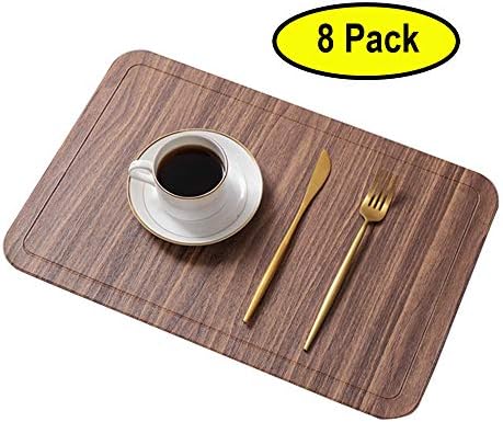 Placemats Set of 8 Rectangular Eco-Friendly PU Leather Stain Resistant Waterproof Tableware 30x45cm- Wood Grain