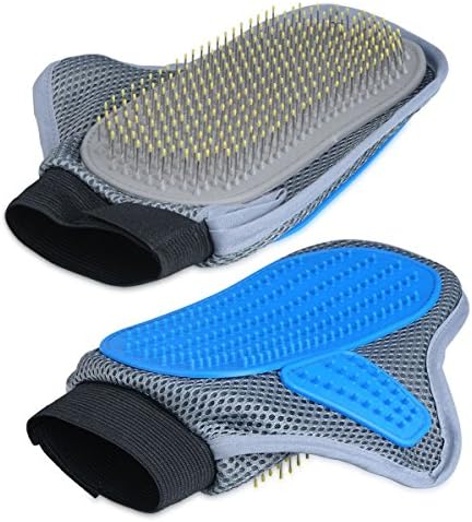 Pet Grooming Glove, Pet Deshedding Brush Massage Tool Glove with Dual Sided Rubber and Steel Needle Palm - Pet Hair Remover Mitt for Dogs Cats Horses Rabbits (Grey)