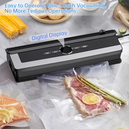 5-in-1 Vacuum Sealer with Cutting Function, 85 Kpa Vacuum Sealer for Meat, Vegetables & Cooling, with Digital Timer and 5 Vacuum Bags, for Kitchen and Long-Term Storage