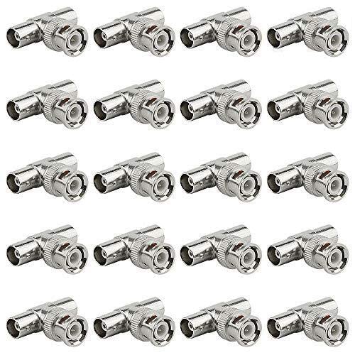 BGTXINGI 20Pcs BNC T Connector Coax Male Splitter Plug 1 Male to 2 Female Ports Nickel Plated Coupler Extension Coaxial Cable with Copper Pin for CCTV Security Camera Antena System