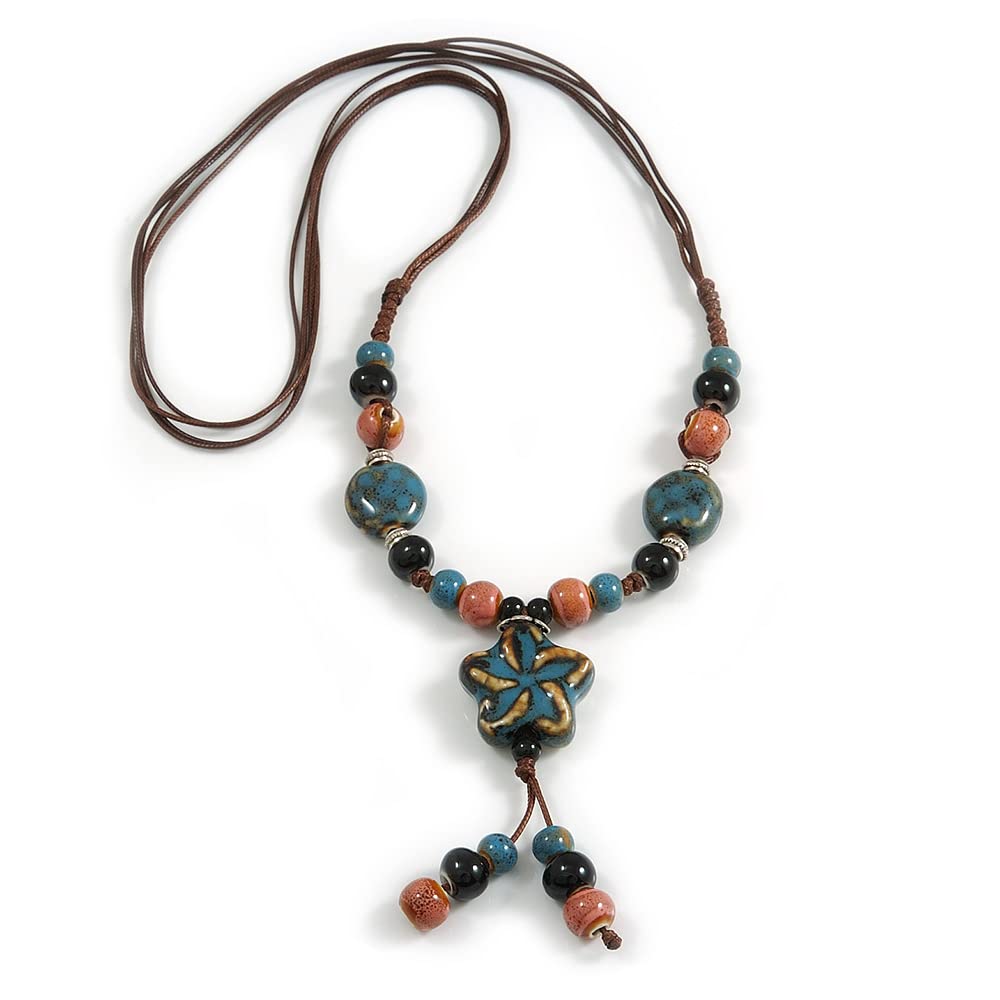 Avalaya Blue/Pink Oval/Round Ceramic Bead Flower Tassel Necklace with Brown Silk Cord/ 70-80cmL/ Adjustable