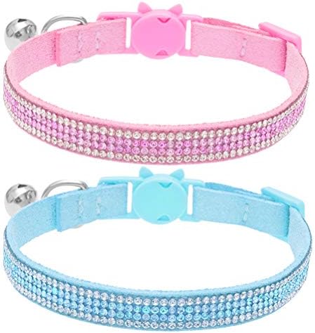 OFPUPPY Breakaway Cat Collars with Bell 2 PCS - Adjustable Safe Pet Collar Velvet Kitty Collar with Bling Rhinestone