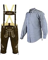 German Bavarian Oktoberfest Trachten Lederhosen Bundhosen with Blue Shirt Outfit Dark Brown Costumes (34, Blue)