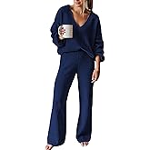 Fixmatti Women 2 Piece Knit Set Long Sleeve Pullover Sweater Top Wide Leg Pant Sweatsuit Outfits