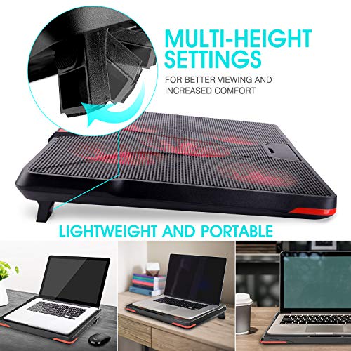 HIRALIY 5 Fans Laptop Cooling Pad 12"-17" Cooler Pad Chill Mat with LED Light Dual USB 2.0 Ports Adjustable Mount Stand (Black+Red) - Thumbnail 5
