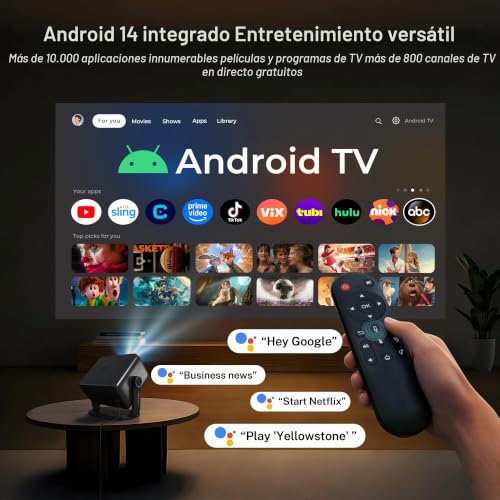 1080P Native 800 ANSI Smart Projector, Android 14, Supports 4K/8K, Air Mouse Remote Control, AI Auto Focus and Correction, WiFi 6 and BT 5.4, Hi-Res Audio, Netflix Compatible | Control Remoto Air Mouse, Enfoque y Corrección Automáticos por IA, WiFi 6 y BT 5.4, Audio Hi-Res, Compatible con Netflix