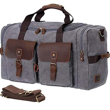 Wowbox Duffel Bag Canvas Genuine Leather Weekend Bag For Men And Women Oversized Travel Gym Carry On Bag Tote Luggage Grey