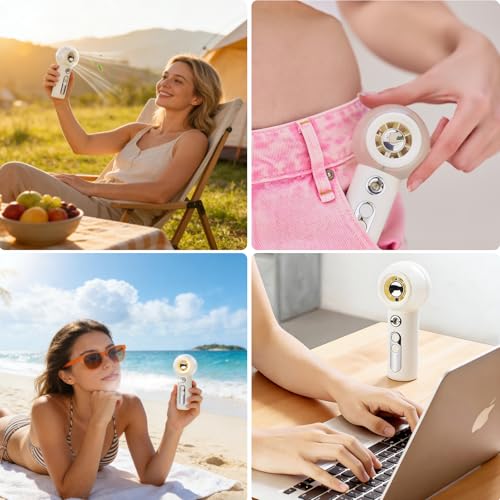 Gemmac Portable USB Misting Fan, Mini Handheld Handheld Fan Battery Operated with Sprayer, 2000mAh Rechargeable Fan 4 Speed, Travel Accessories for Office Makeup - White