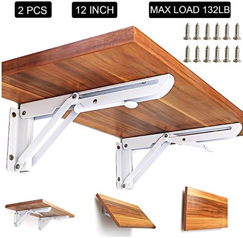 MIKIKI 2 Pcs 12 inch Sturdy Folding Shelf Brackets - Heavy Duty White Metal Triangle Table Bench Folding Shelf Bracket 12 inch, Folding Shelf Hinge Wall Mounted, Max Load 132lb