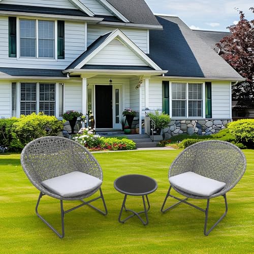 YIYAN 3 Pieces Outdoor Wicker Patio Conversation Bistro Set, All-Weather Rattan Patio Furniture Set with Table & Cushions, Outdoor Sectional Sofa for Patio, Balcony, Backyard, Deck(Light Grey)