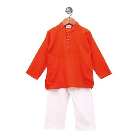 BownBee By Hopscotch Boys Cotton Kurta Pajama Set in Orange Color