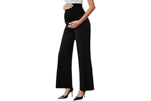 Ecavus Women's Maternity Pants Over Belly Seamless Stretchy Work Pants Dual Length Maternity Wide Leg Pants with Pockets