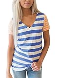 Sidefeel Women Casual V Neck Short Sleeve Striped T Shirt Tops