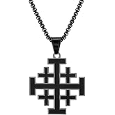 Rofusn Crusader Jerusalem Cross Pendant Necklace: Stainless Steel Cross Biker Necklace Chain for Men Women