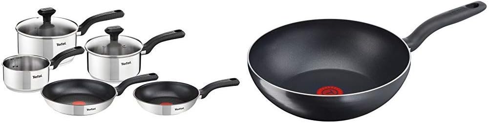Tefal 5 Piece, Comfort Max, Stainless Steel, Pots and Pans, Induction Set & Precision Plus StirFry Pan 28cm-Black, Aluminium 28 cm