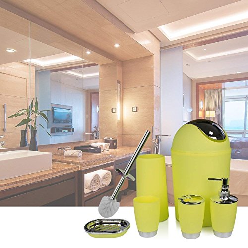 TEKITSFUN Yellow Bathroom Accessories Set,6 Pcs Plastic Gift Bath Accessory Set Luxury Ensemble Includes Toothbrush Holder,Toothbrush Cup,Soap Dispenser,Soap Dish,Toilet Brush Holder,Trash Can