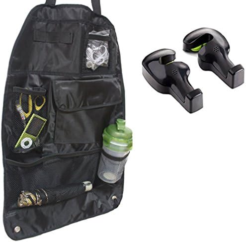ALDORADO Set: Car Seat Back Organizer Bottle Food Tools Travel Storage Bag and Car Vehicle Seat Back Hanger Hook Black 2 psc