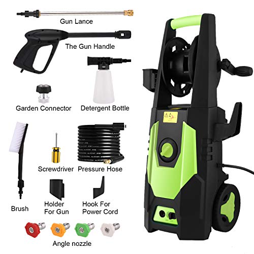 mrliance 3500PSI Electric Pressure Washer 2.0GPM Power Washer 1800W High Pressure Washer Cleaner Machine with Spray Gun, Hose Reel, Brush, and 4 Adjustable Nozzle (Green)