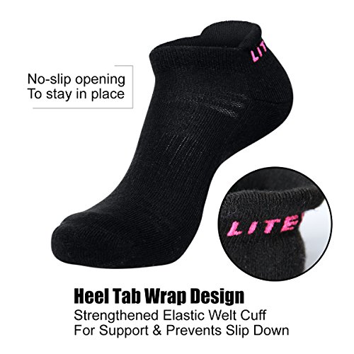 LITERRA Womenâ€™s 6 Pack Hidden Athletic Cushion Single Tab Running Socks No Show Sport Seamless Toe Sock (Black)