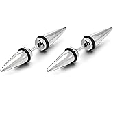 Pair Mens Womens Double Spike Stud Earrings in Stainless Steel, Cheater Fake Ear Plugs Gauges