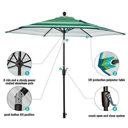 LCH 9Ft Patio Outdoor Umbrella Backyard Garden Market 1.5" Aluminum Pole 8 Ribs Umbrella with Push Button Tilt and Crank (Stripe Green)