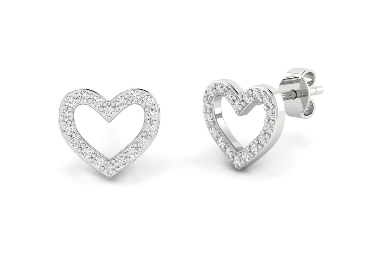 925 Sterling Solid Silver Stud or Huggie Hoop Earrings for Women & Girls | Sparkling AAA Cubic Zirconia Style Crystal Gem Ear Ring | Ideal Earring Gift for her (Open Heart)