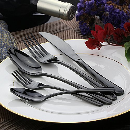 Silverware Set, Black Flatware Set 20 Piece, DEALIGHT 18/10 Stainless Steel Cutlery Eating Utensils Include Dinner Knives, Forks, Spoons, Dessert Forks and Spoons, Service for 4 people
