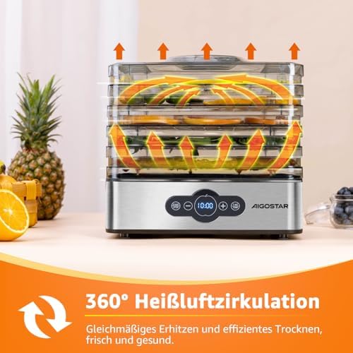 Crispy - Dörrautomat, Dörrgerät mit Temperaturregler, 240W, 35-70°C, 99h-Timer, 5 Einlegefächer, Dörrautomat Edelstahl für Fleisch, Obst, Gemüse, Dehydrator - BPA frei