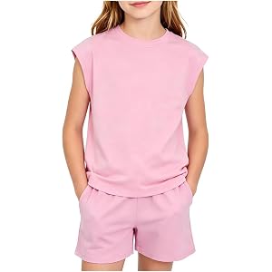 TrendsKidz 2 Piece Girls Summer Outfits Casual Lounge Set Shirts and Elastic Waist Shorts with Pockets Clothing Sets