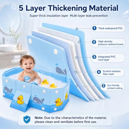 puiaxod Bañera plegable para niños, portátil de viaje para bebés con soporte triangular y tapón de drenaje, mini piscina para exteriores, adecuada para 0-8 años (78 x 41 x 21 cm)
